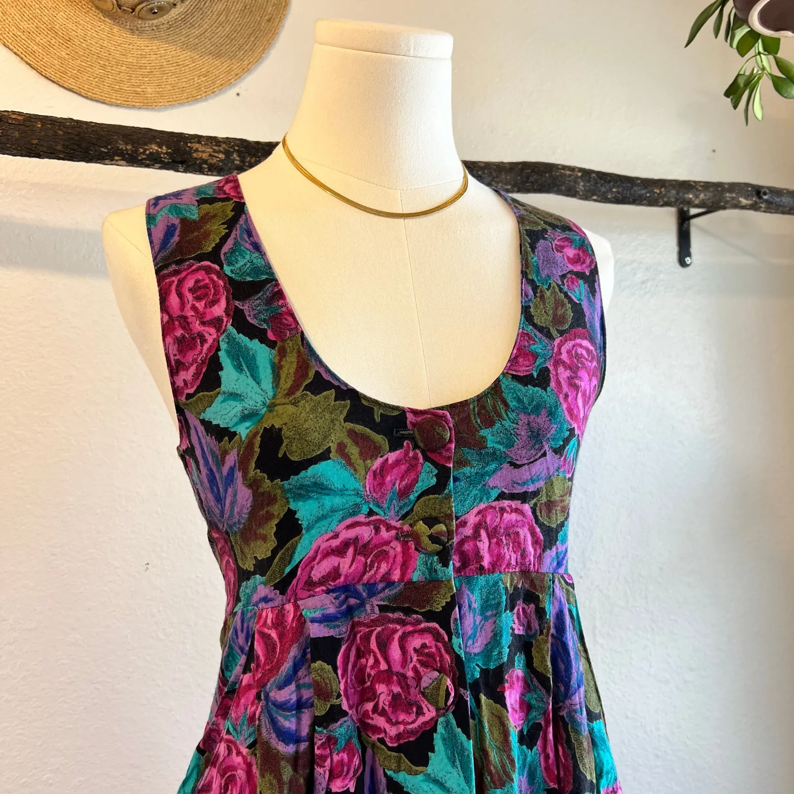 Vintage Handmade Bright Floral Print Sleeveless Button Front Midi Dress XS/Small - Image 2