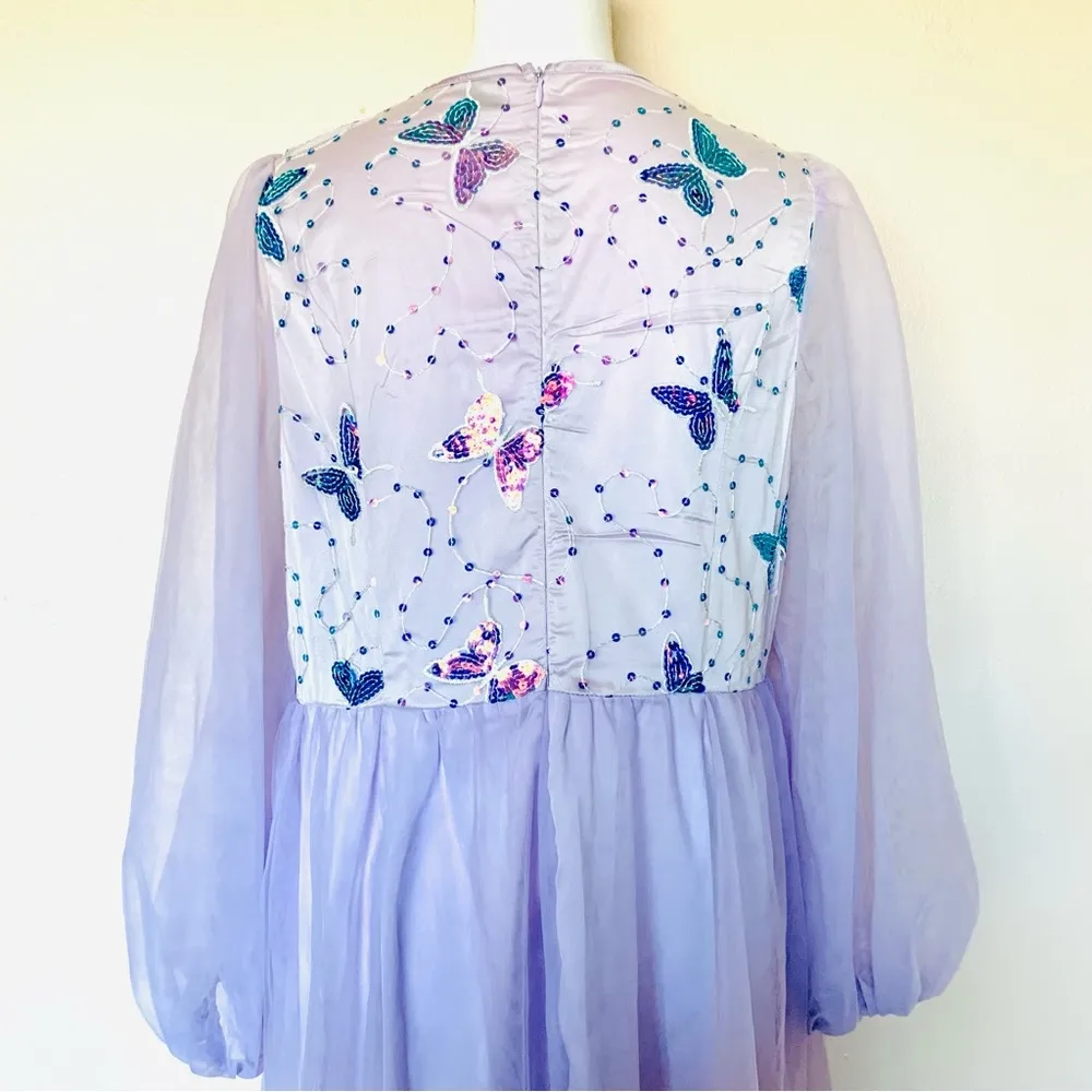 Shein Curve Purple & Blue Butterfly Print Sequin Long Sleeve Tulle Maxi Dress. - Image 4