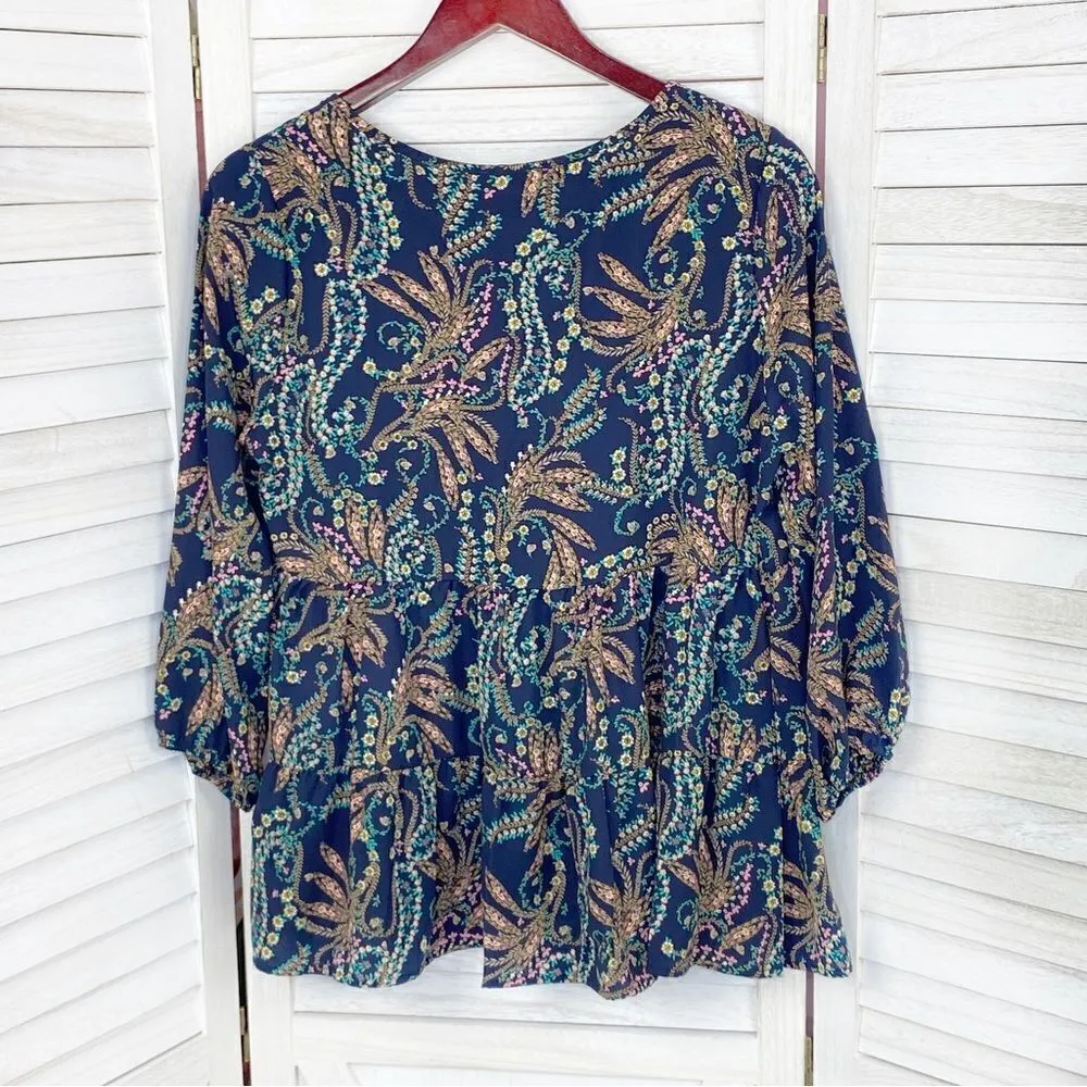 Les Amis‎ Floral Boho Tiered Ruffle Hem Blouse Blue Multi Small - Image 9