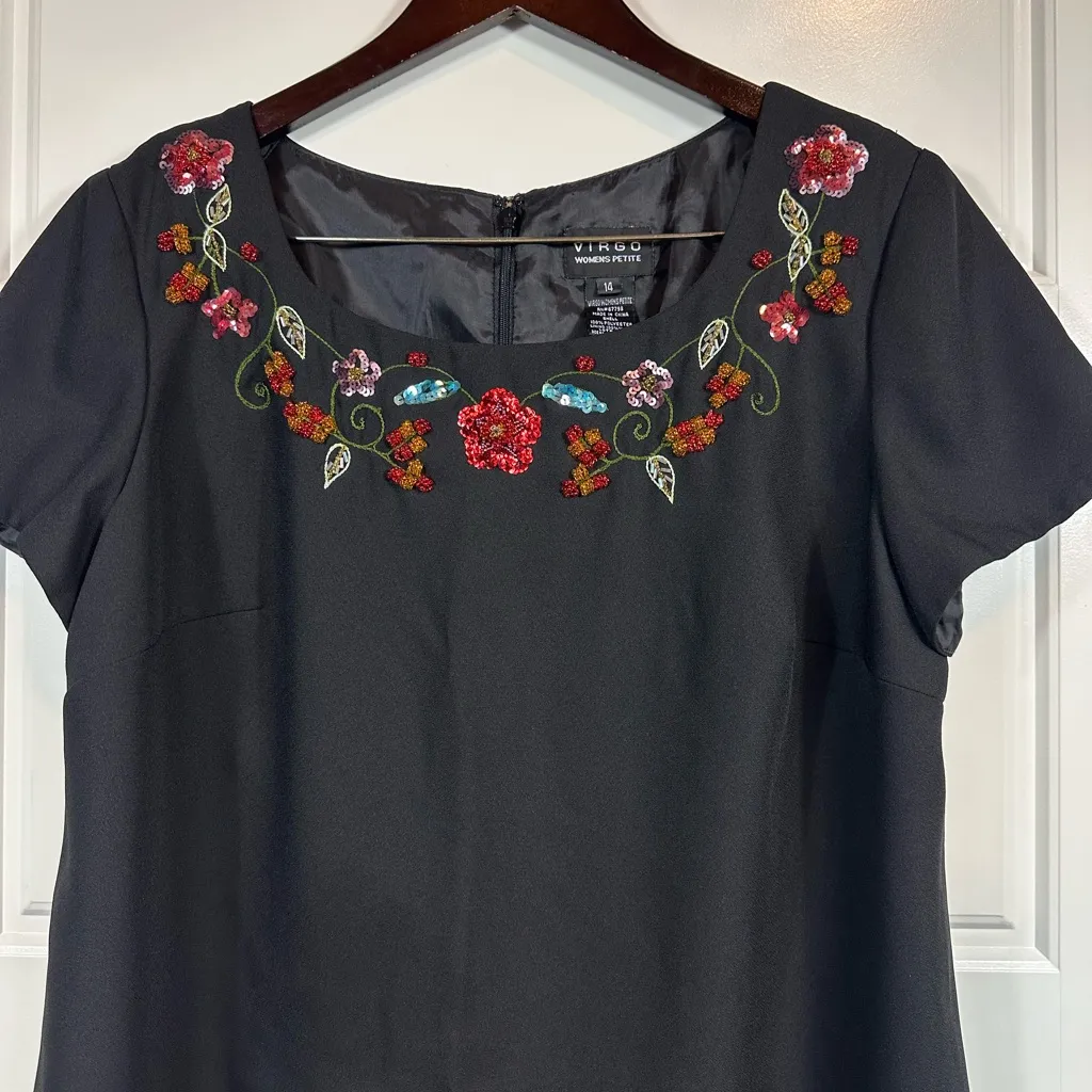 Vintage Virgo Women’s Petite Black Shift Dress Beaded Round Neckline Dress 14 - Image 4
