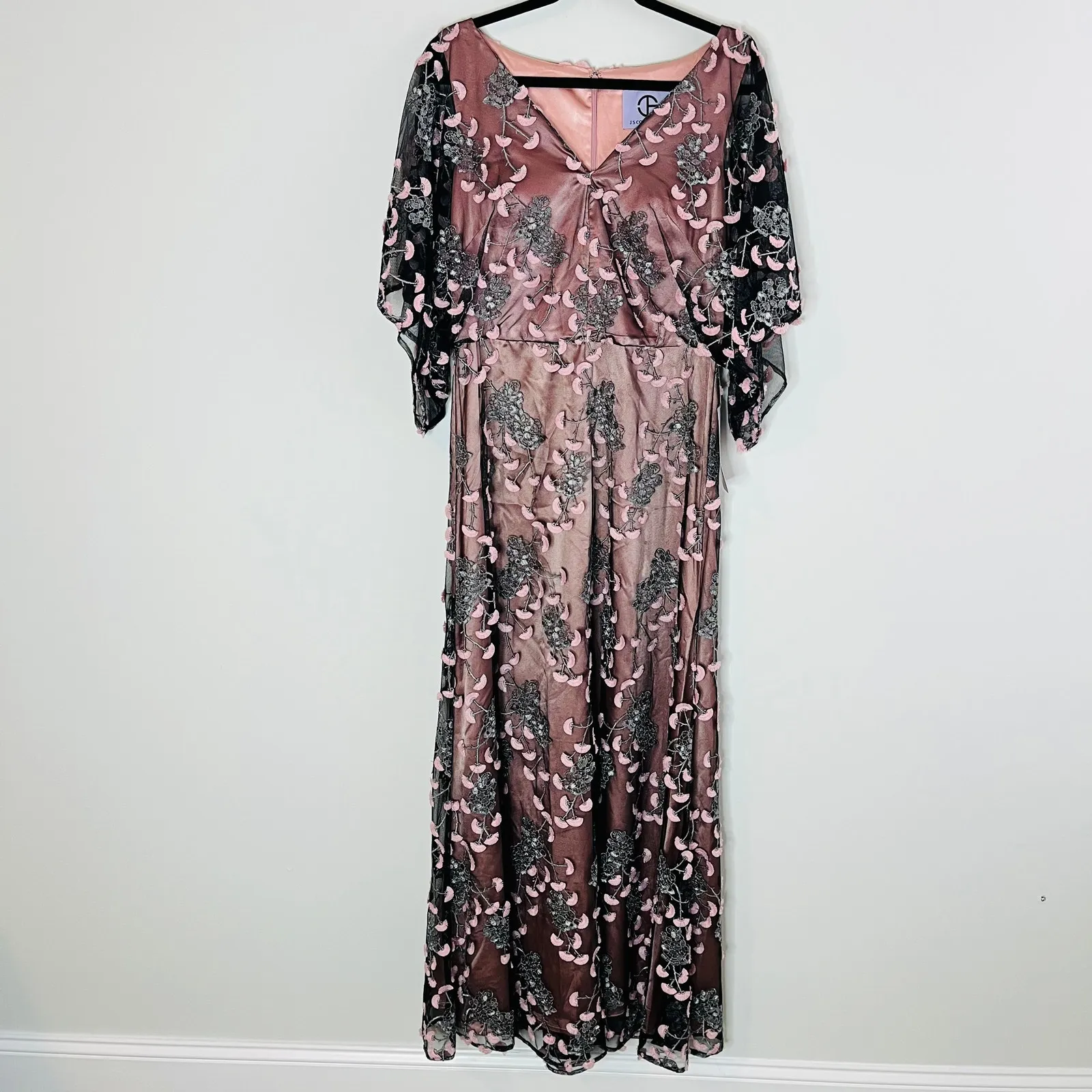 NEW JS Collections Embroidered V Neck Dress Blush multi floral Maxi gown Size 10 - Image 3