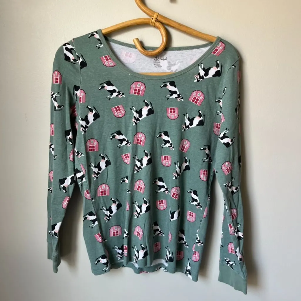 Leveret Two Piece Organic Cotton Pajama Set Cow Print Green Women's Medium - Image 3