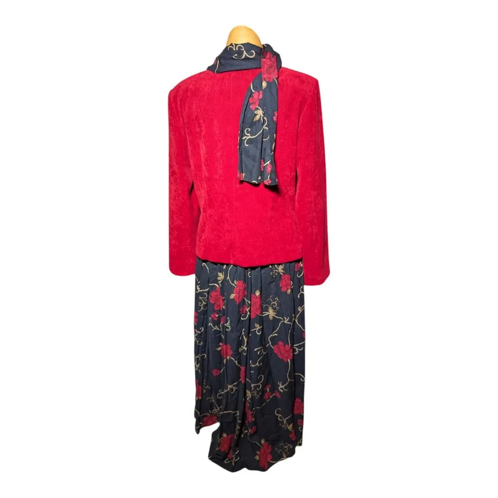 Vtg 1990s Positive Attitude Red Chenille Blazer Rose Floral Maxi Skirt Set Sz 12 - Image 3