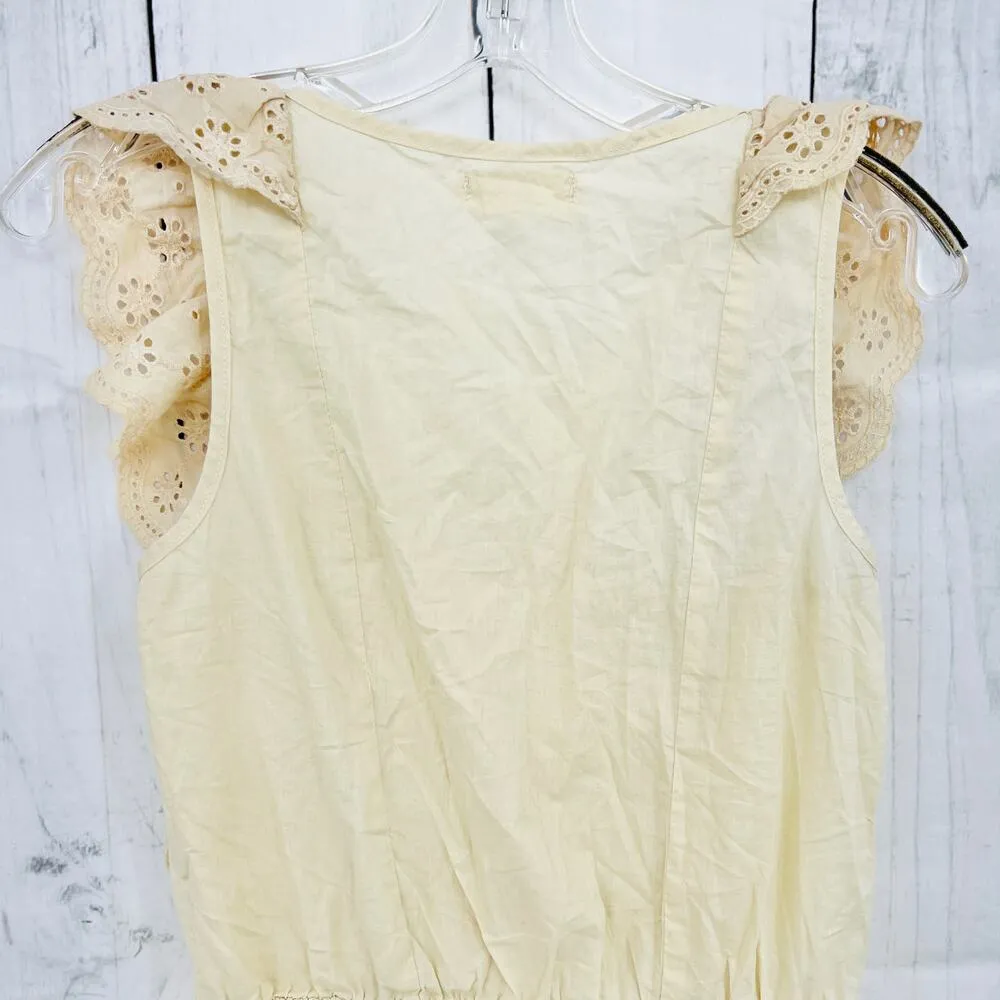 A'Reve Cream Eyelet Boho Floral Top Blouse sleeveless peplum SMALL - Image 4