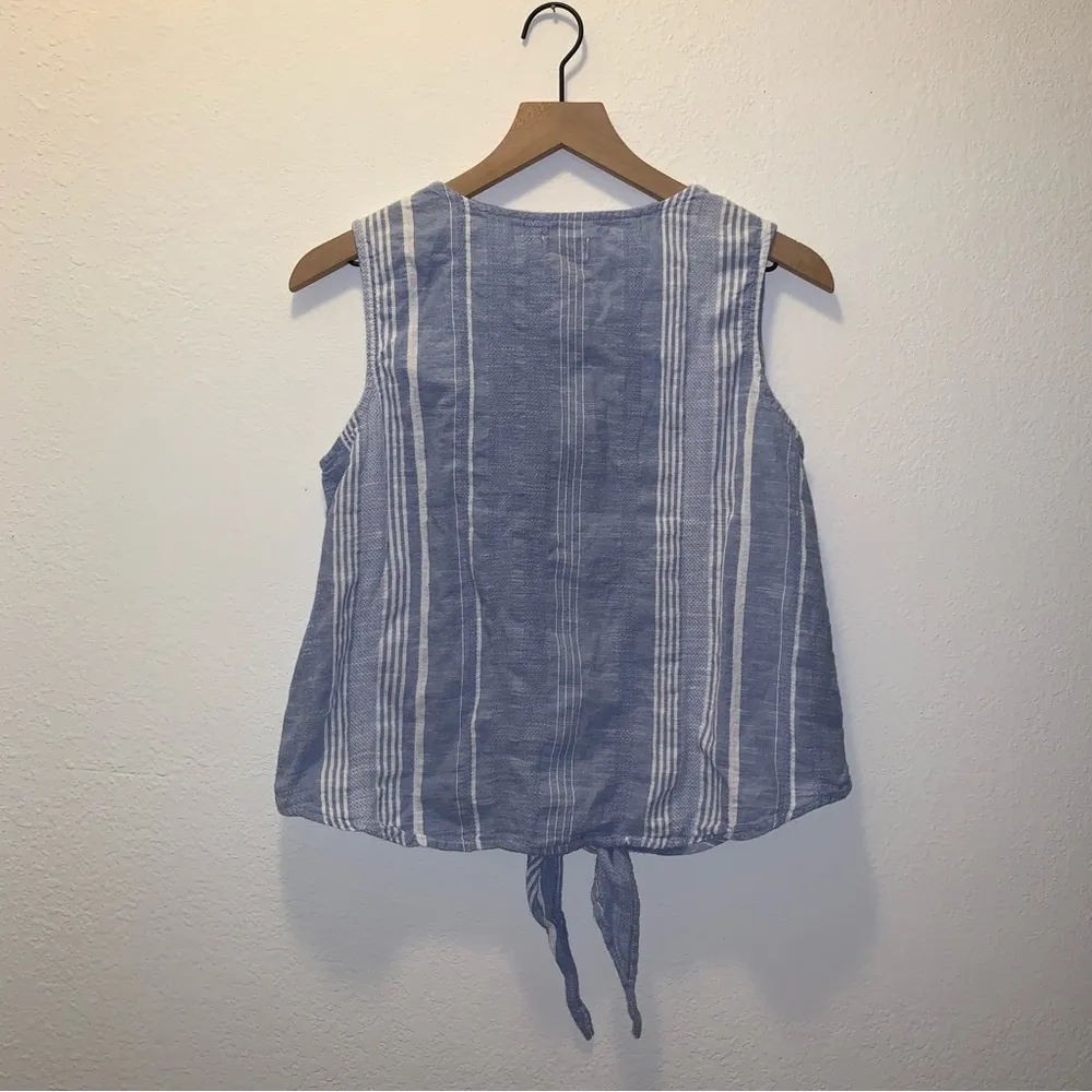 Dash 100% Cotton Light Blue Button Tie Front Striped Sleeveless Top Size M - Image 2