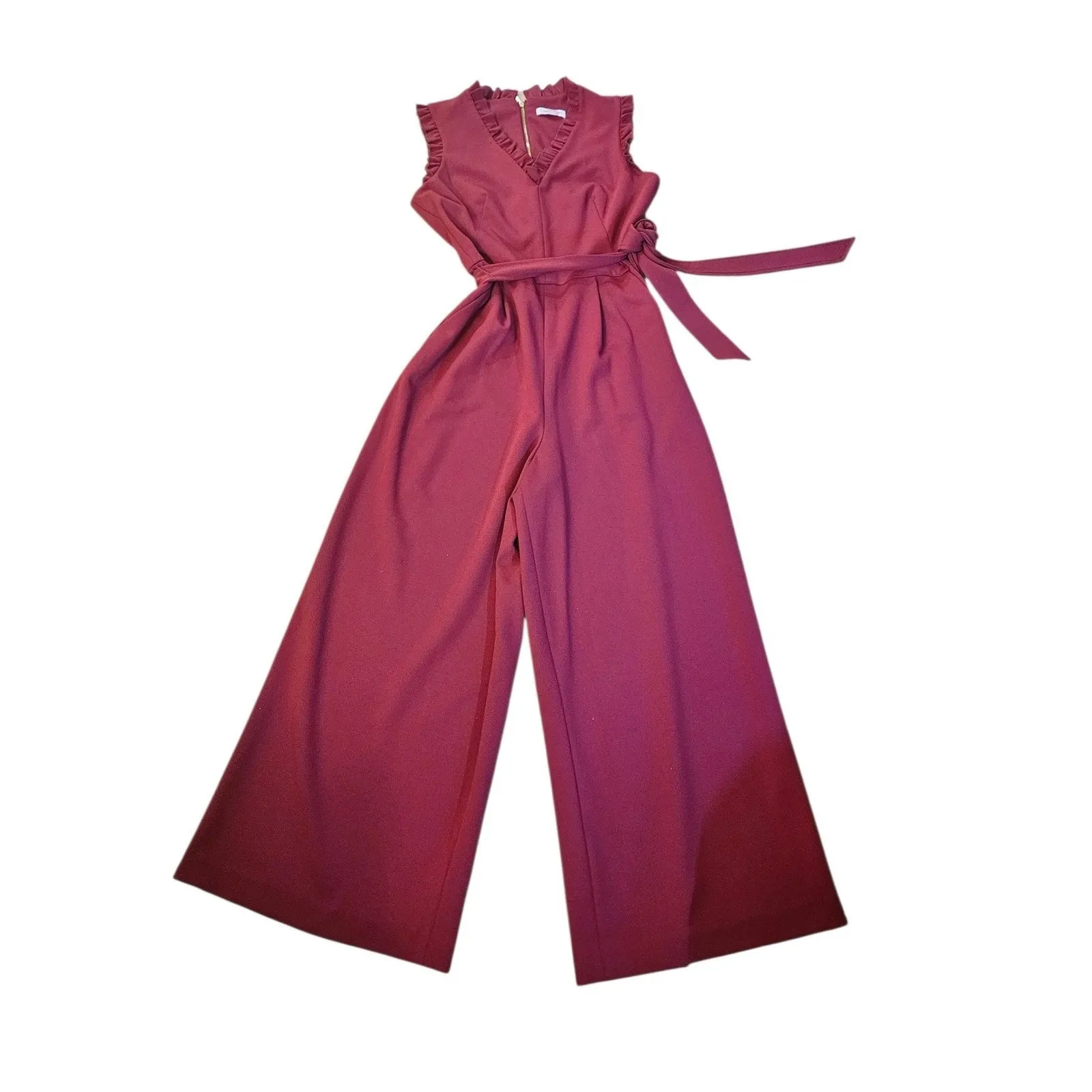 Calvin Klein Burgundy Ruffle Neck Wide Leg Jumpsuit Women's Size 8 - Image 3