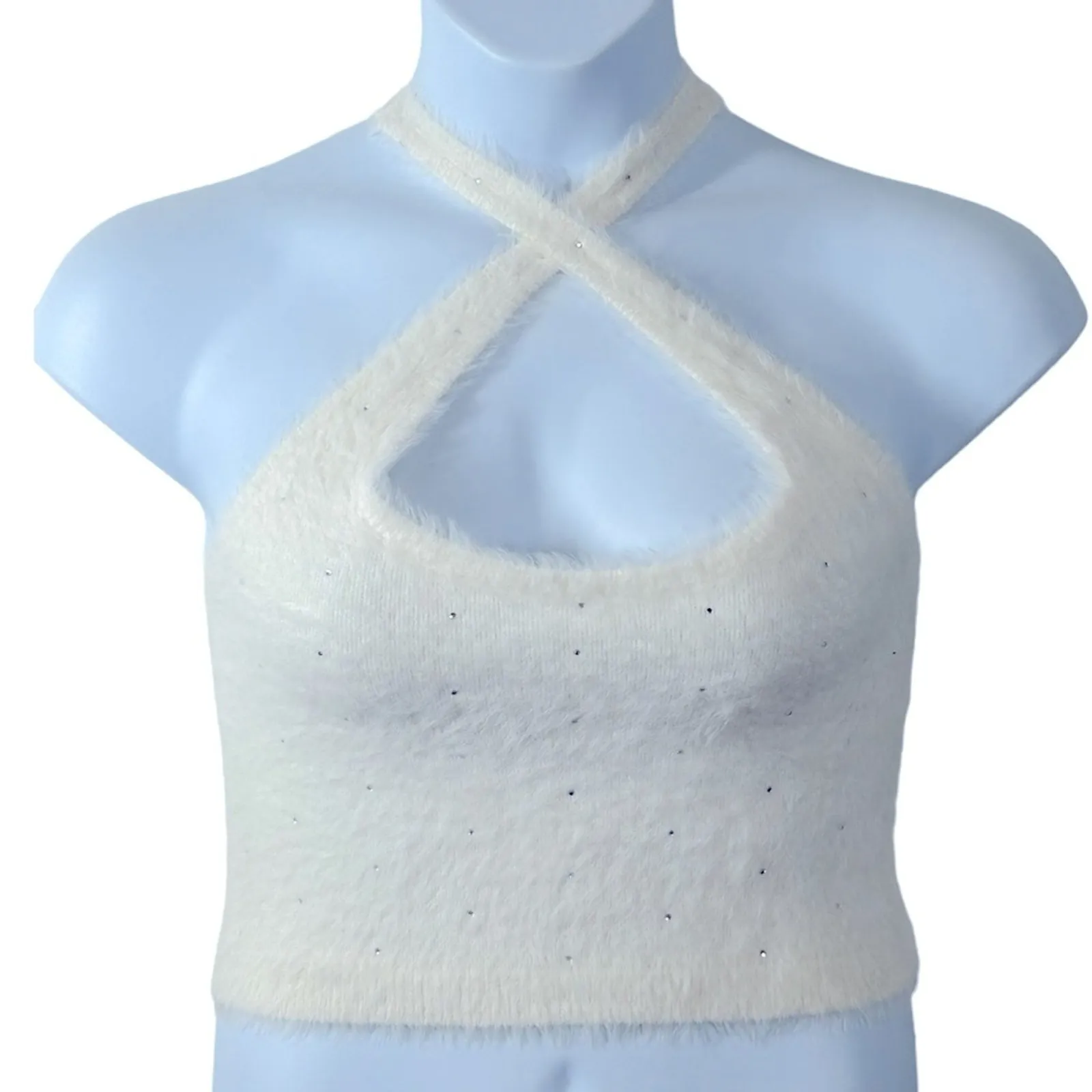 Victoria’s Secret White Fuzzy Jeweled Crop Tank Crisscross Straps Size M - Image 2
