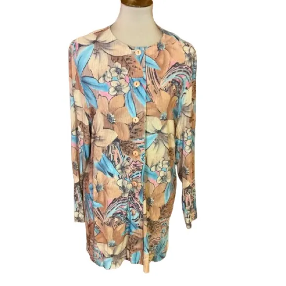 Vintage Floral Button Front Cover Up Tunic Boho Top Size L - Image 2