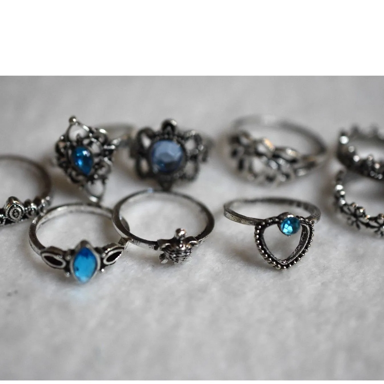 NWOT 12pc Set Stackable Silver Tone Blue Rhinestone Size 6 to 8.5 Rings - Image 3