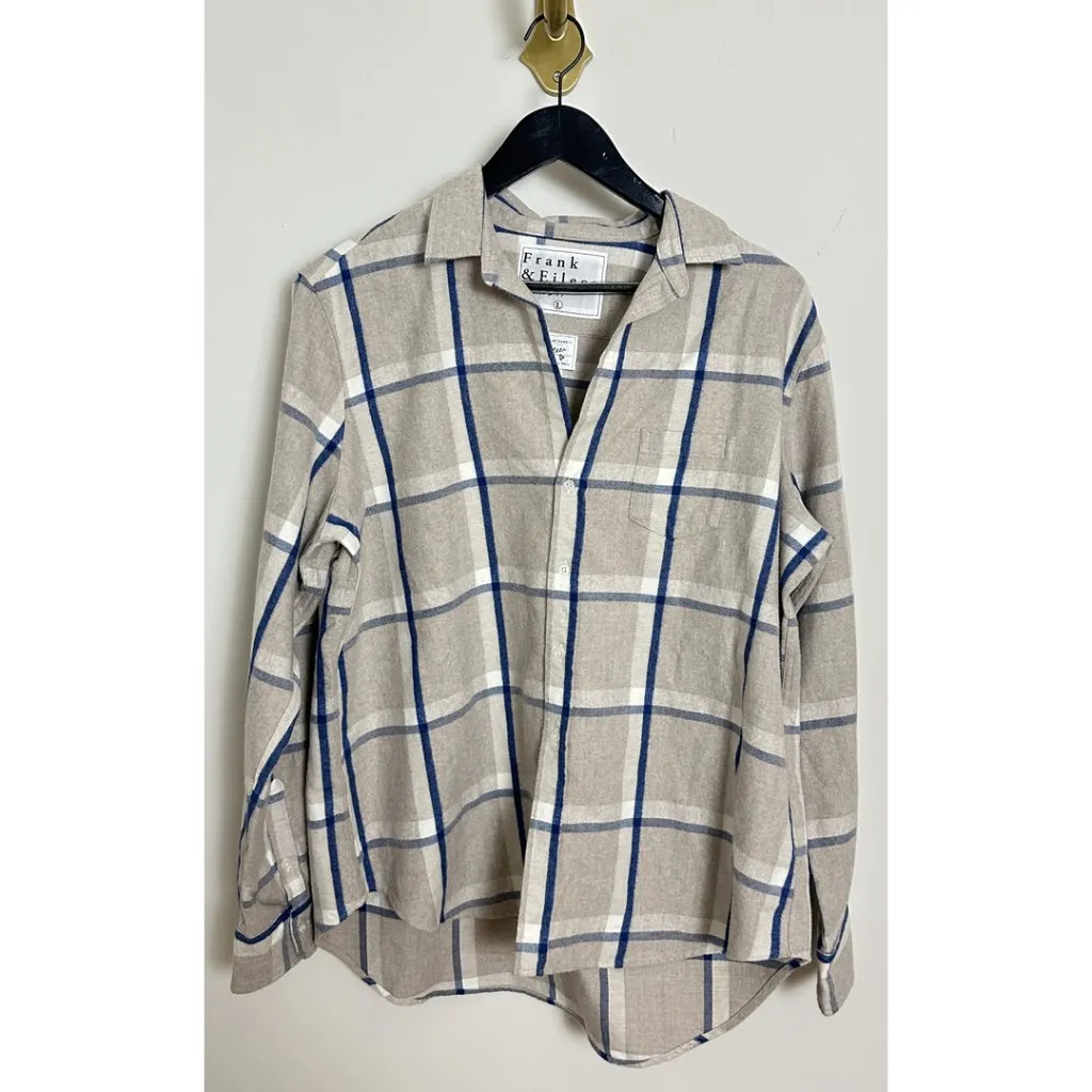 FRANK & EILEEN Eileen Relaxed Button Up Shirt in Tan, White & Navy Plaid Flannel - Image 3
