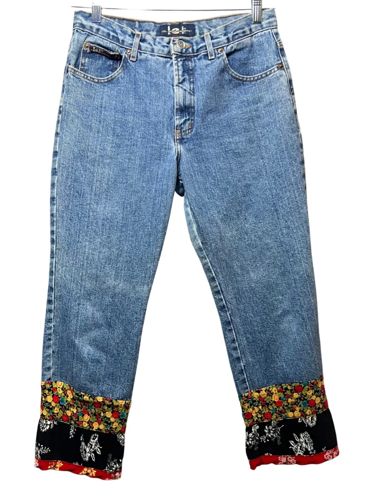 Vintage Y2K Lei Jeans Cropped Embellished Denim Jeans Floral Patchwork Size 9 Blue - Image 1