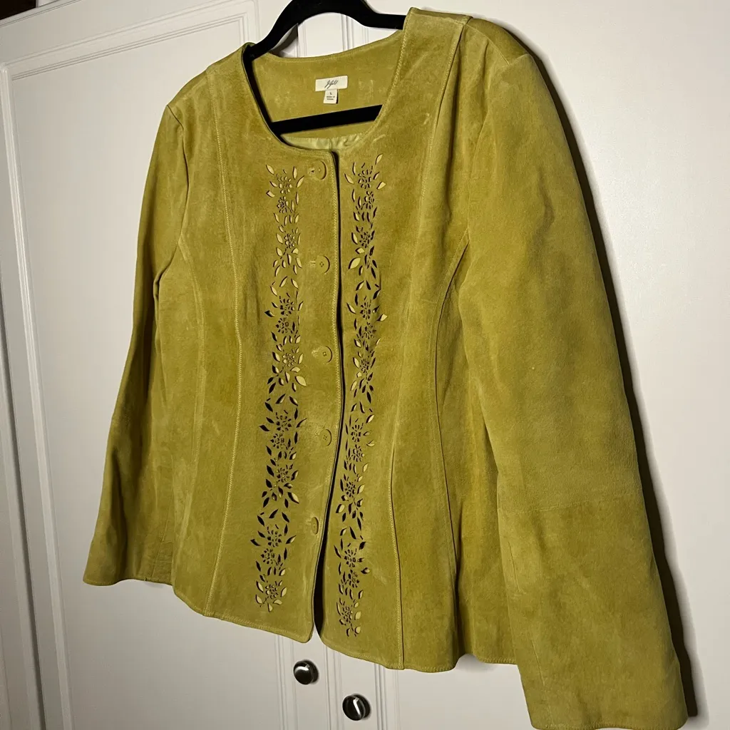 J. Jill Cottagecore 100% Suede Boho Cutout Floral Jacket Yellow Size L - Image 3