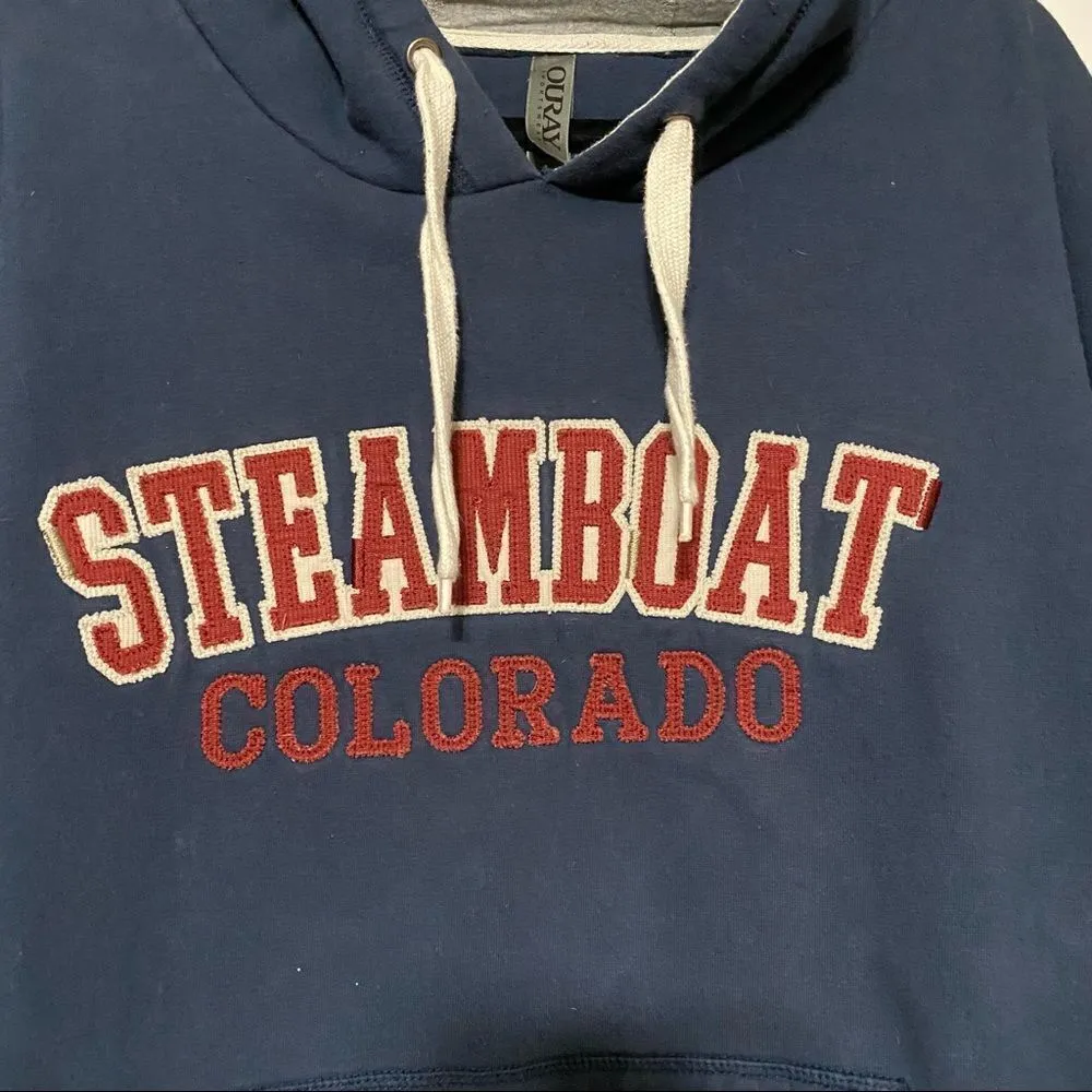 Ouray Sportswear navy blue steamboat Colorado hoodie, front tunnel pockets. - Image 2
