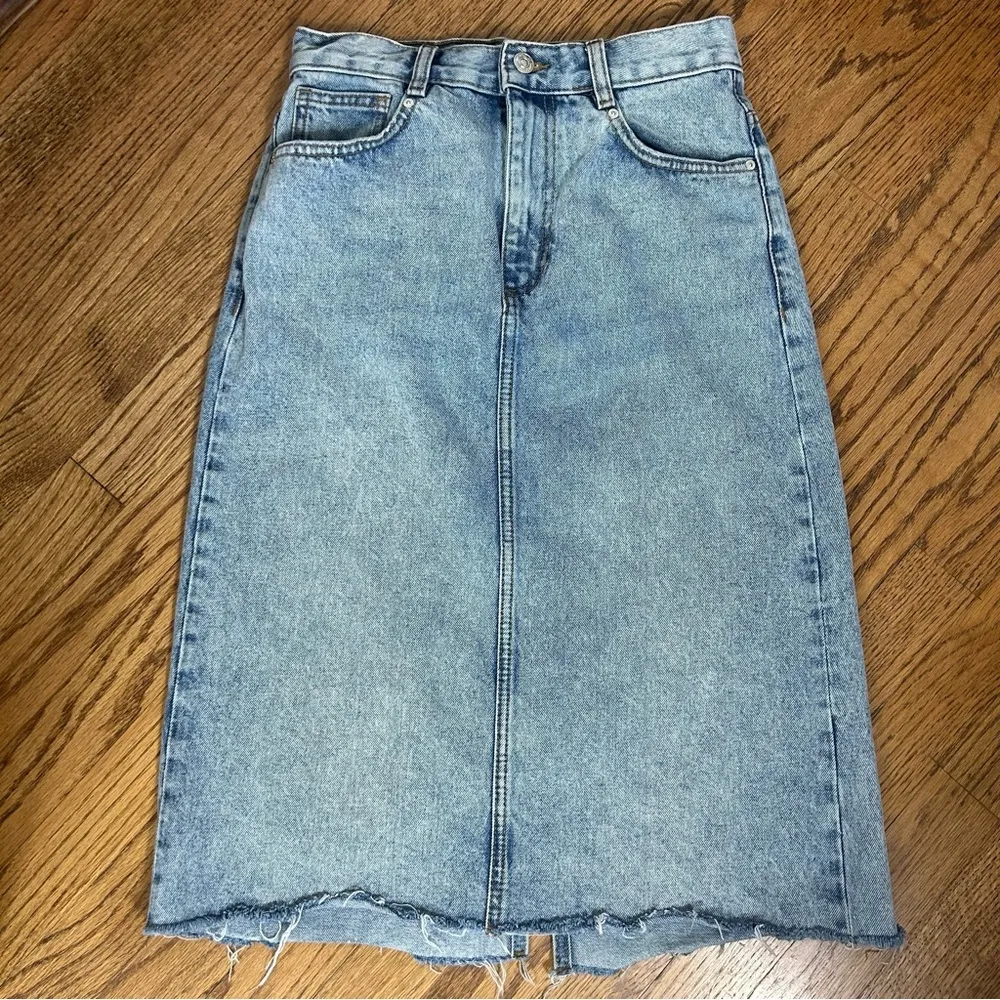 MNG | Split Back Raw Hem Denim Acid Wash Midi Skirt Size S - Image 3