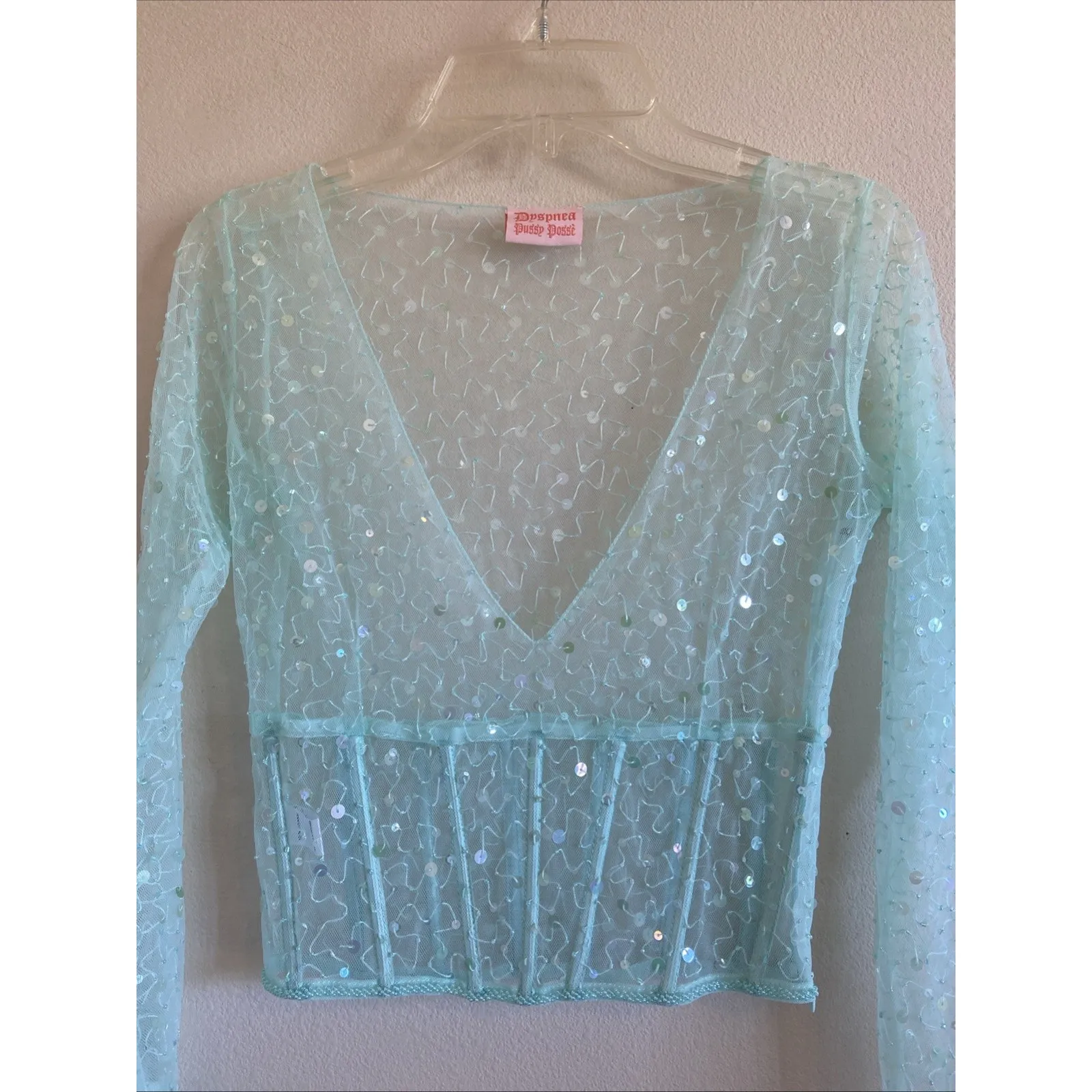 Dyspnea Mint‎ Green Hand Beaded Certified Freak Vneck Sheer Bodice Top Small - Image 2