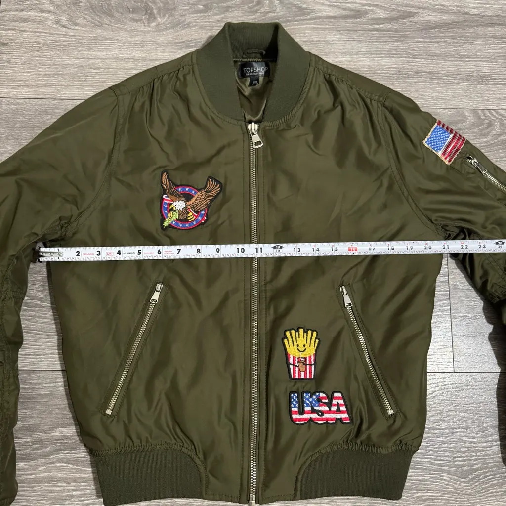 Topshop Khaki Bomber Jacket with Embroidered Patches - Image 10