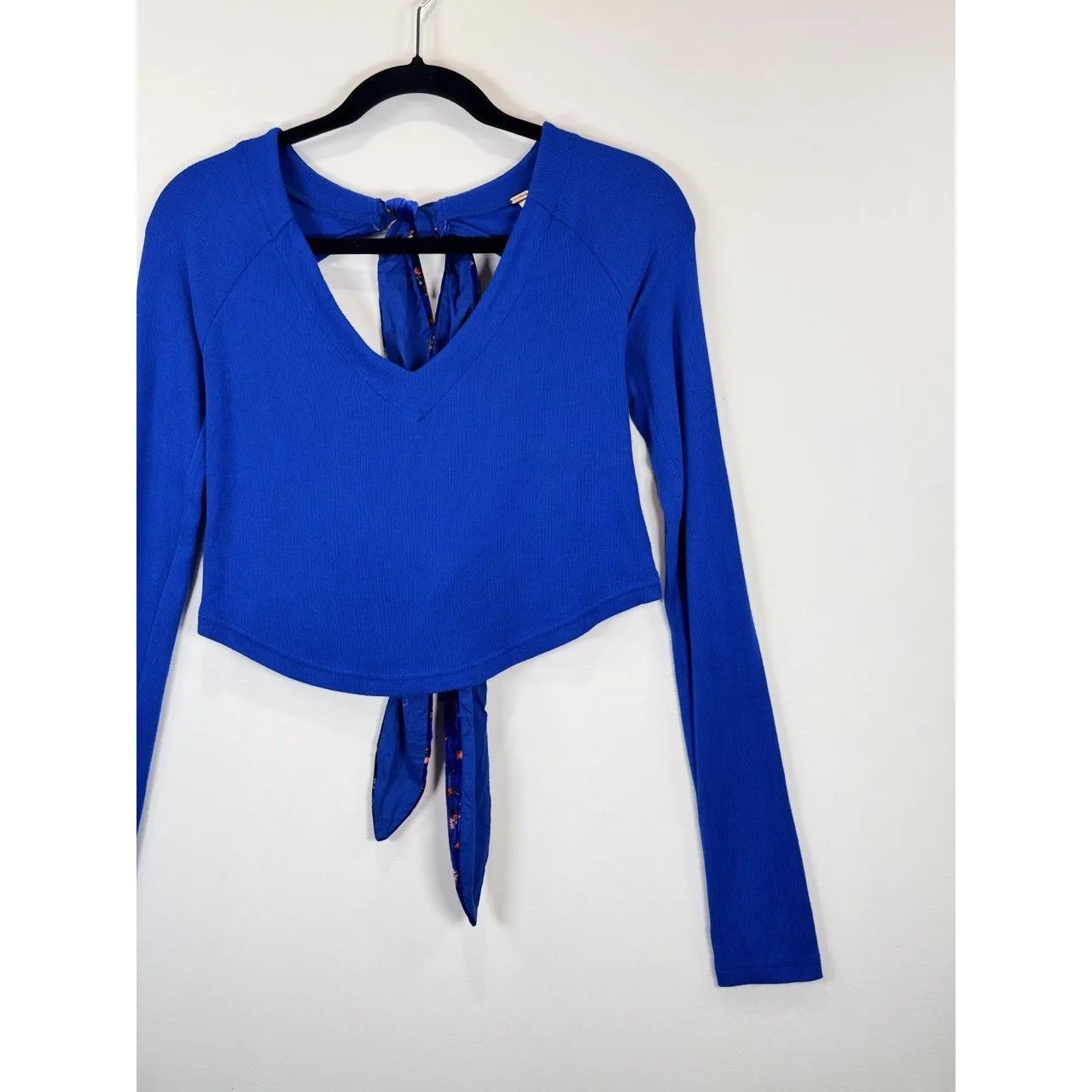 Free People Womens Top Blue Dual Velvet Tie Back V Neck Cropped Stretch Small - Image 7