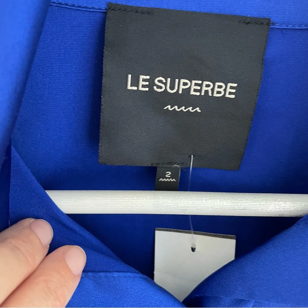 Le Superbe Superstoned Button Up Orbital Seamed Satin Fitted Shirt 2 NWOT Blue - Image 9