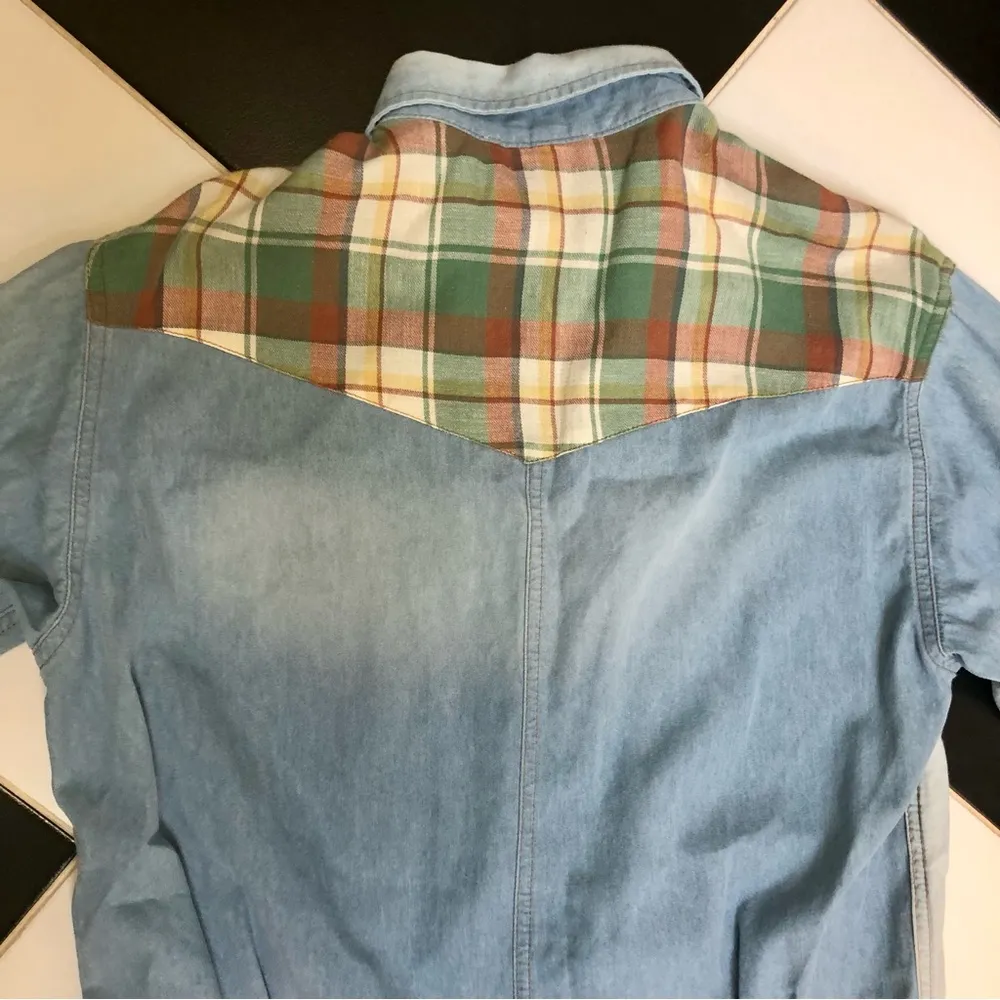 Isabel Marant Etoile Long Sleeve Romper Denim Two-Tone Plaid Patchwork Detail 6 - Image 7