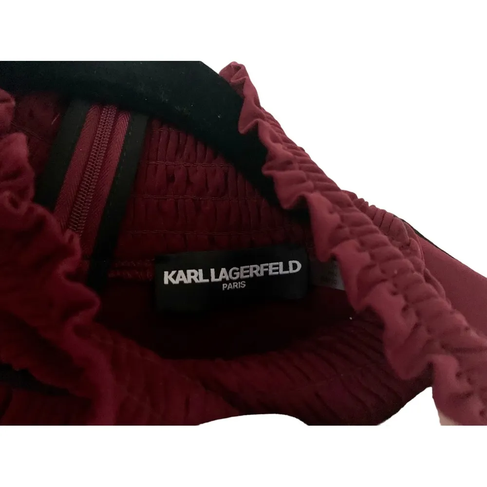 Karl Lagerfeld Paris Maroon Wine Red Cinch Smocked Mock Neck Blouse Top - Image 2