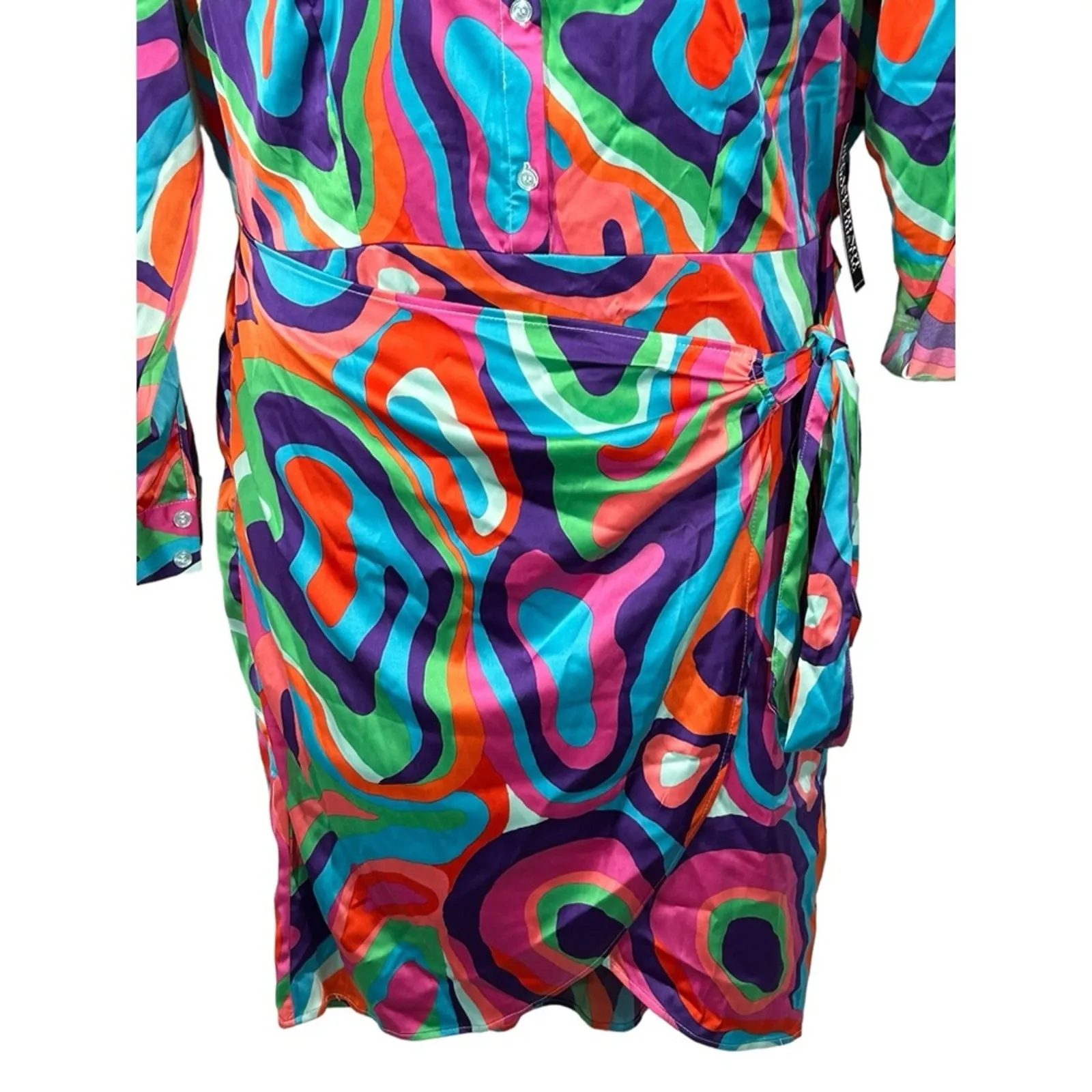 NWT New York & Company Abstract‑Print Wrap Shirtdress Large Faux Wrap Button Pink - Image 4