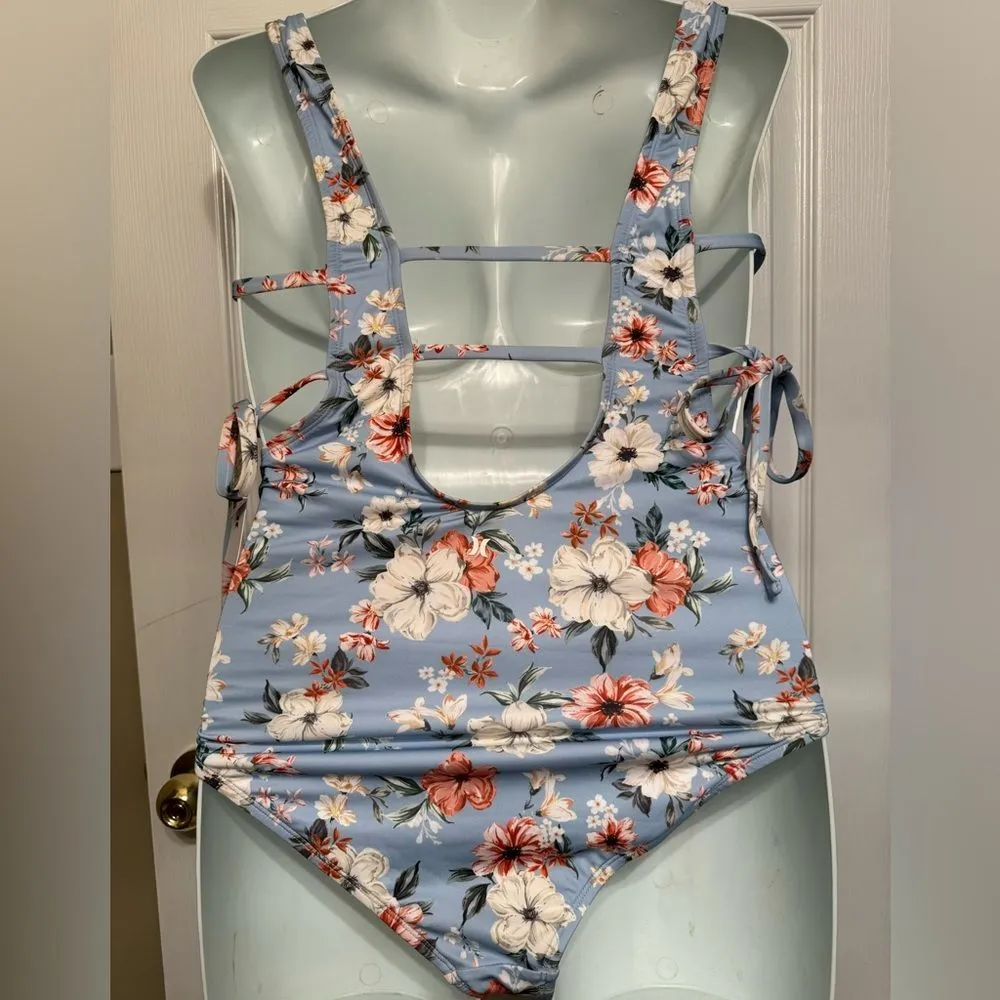 Hurley Plus Size 1X One Piece Swimsuit Blue Floral Cut Out  Back & Side Tie NWT - Image 3