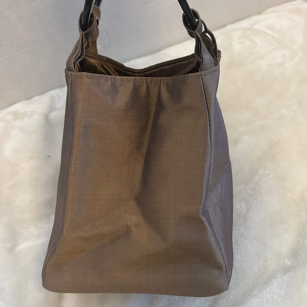 EARTH SQUARED EDINBURGH BRAND HANDBAG BROWN LUCITE RING HANDLES IRRIDESECENT - Image 2