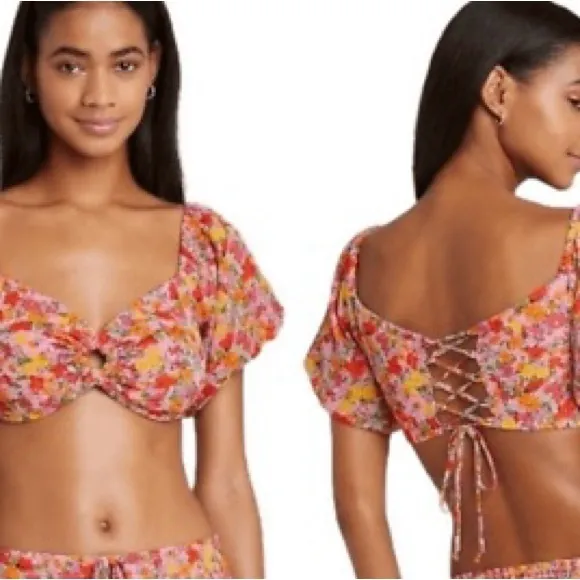 Wild Fable Pink Floral Puff Sleeve Lace Up Crop Top size large - Image 2