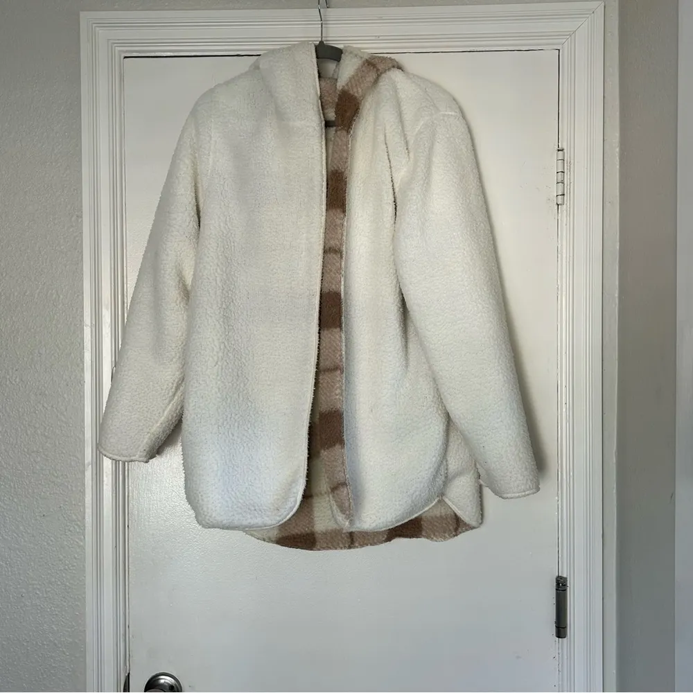 Weatherproof Beige Plaid Ivory Reversible Sherpa Hooded Cardigan S/M - Image 3