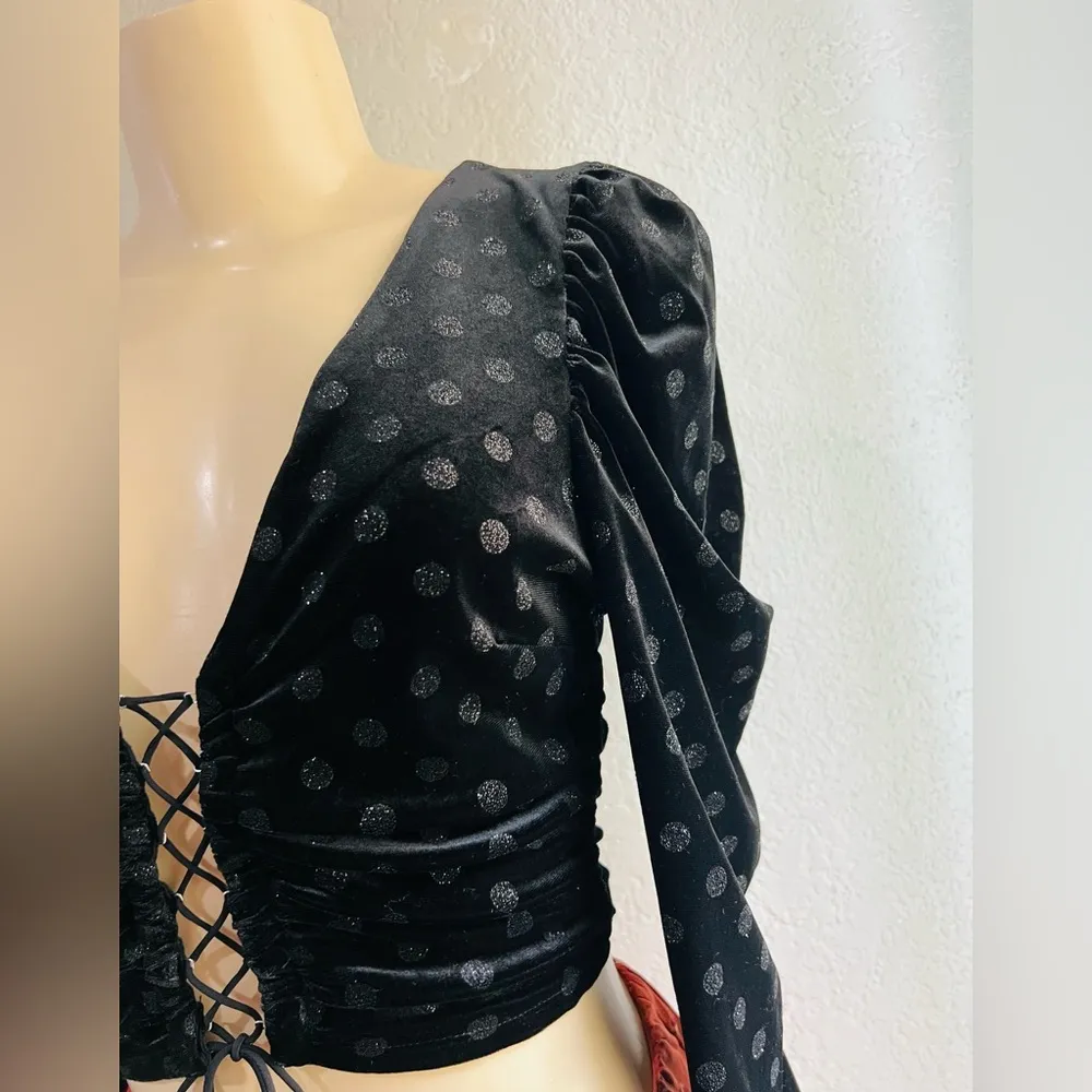 For Love & Lemons Black Velvet Polka Dot Blouse Size S - Image 8