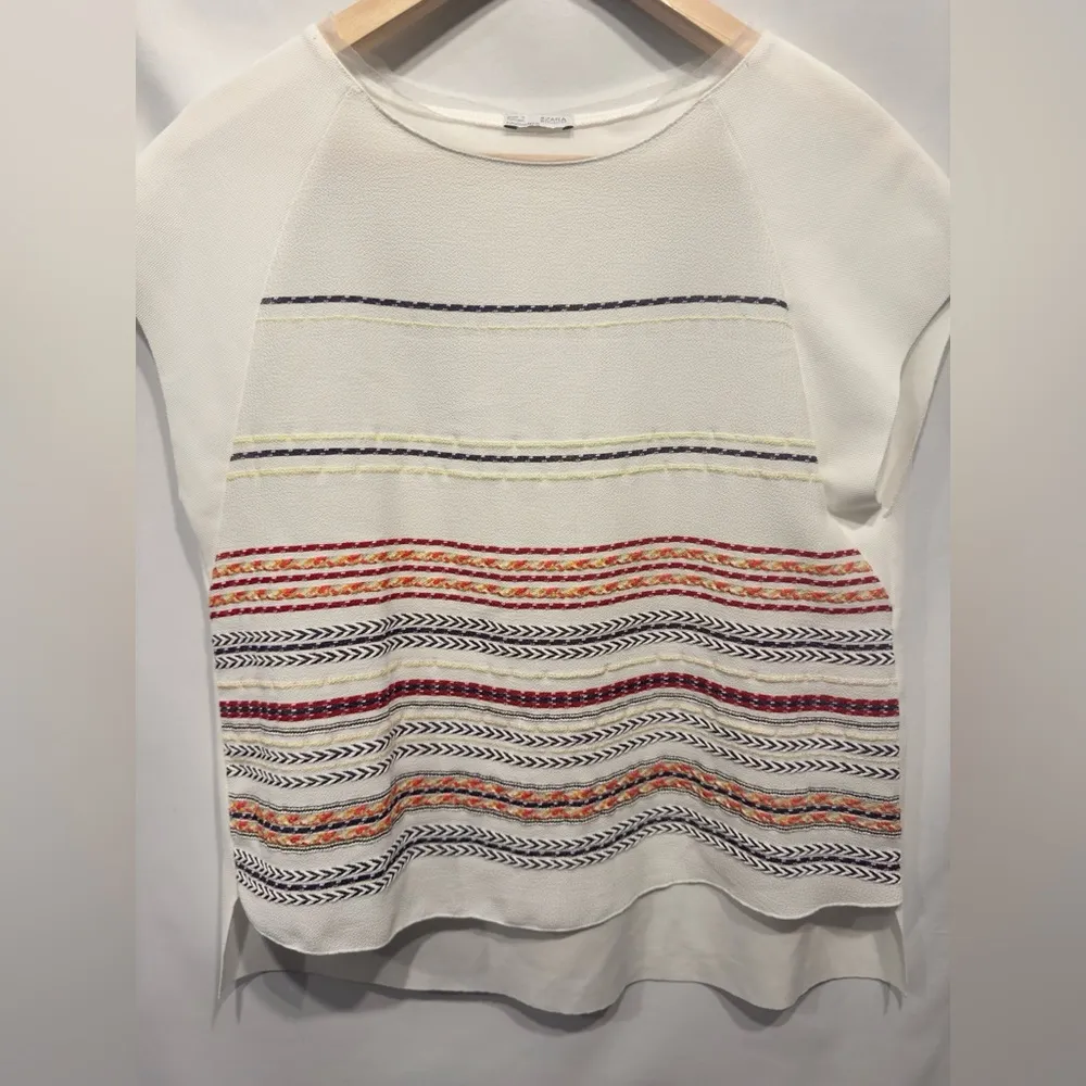 Zara Aztec Embroidered Stripe Boxy Top size Small - Image 3