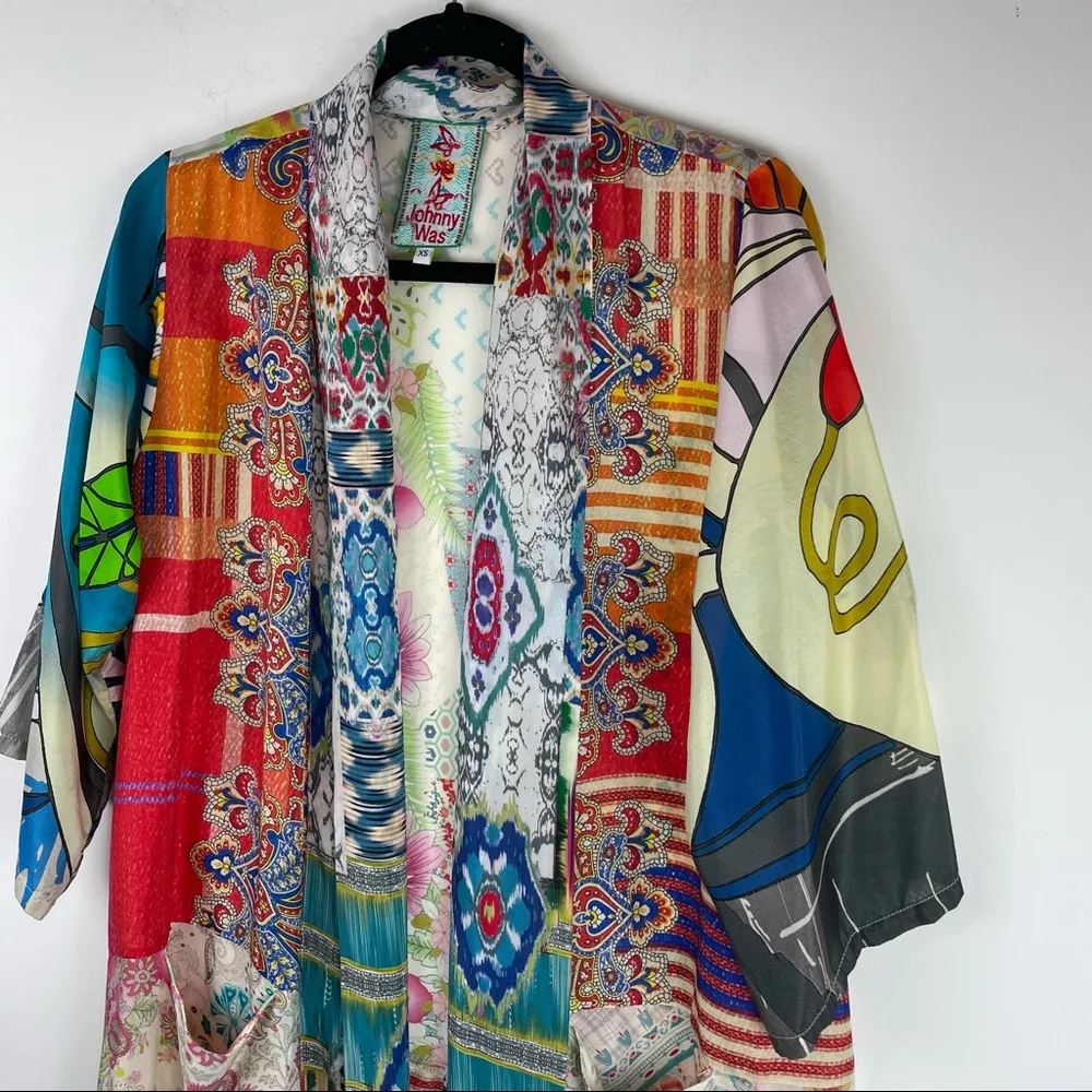 Johnny Was Patchwork Print Multicolor Silk Kimono Top Oversized Sz XS - Image 5