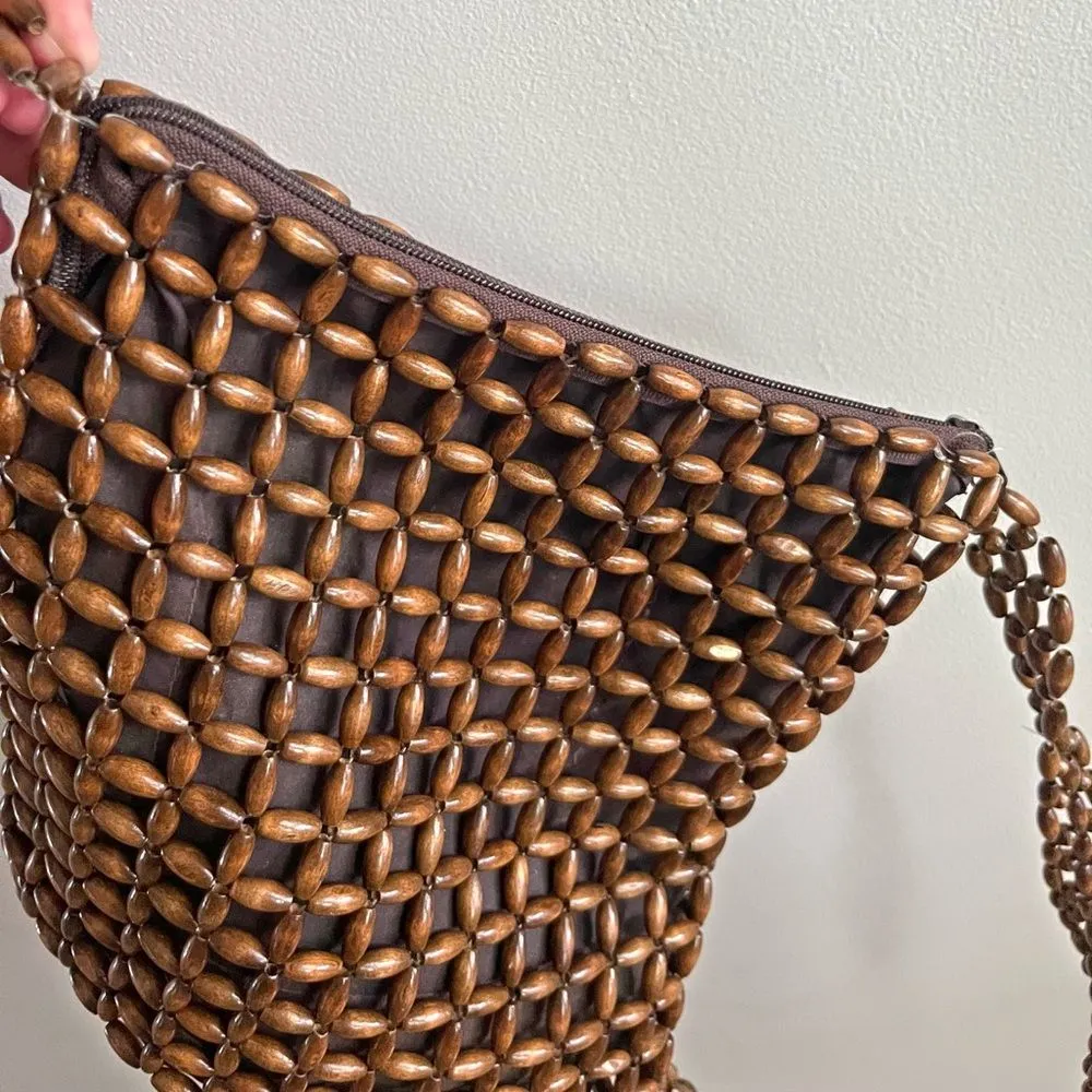 Vintage Wooden Bead Crossbody Bag Boho Brown Woven Shoulder Purse Handmade - Image 2