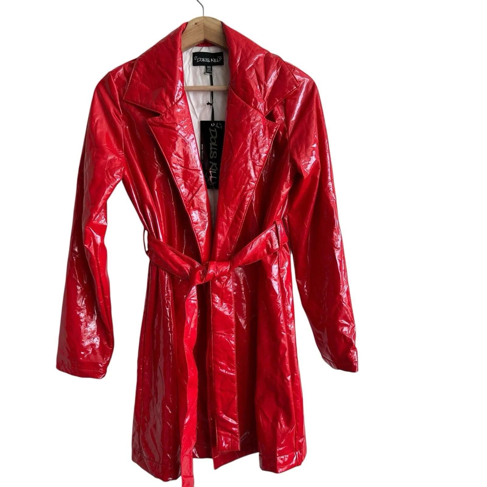NWT Dolls Kill Flame Viral Vengeance red vinyl Belted trench coat XS Y2K - Image 2