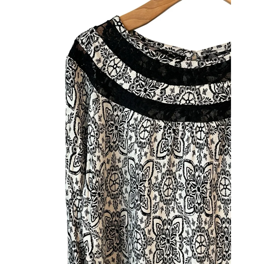 Faded Glory Blouse Womens Size M 8-10 Black White Floral Lace Trim Long Sleeve - Image 2