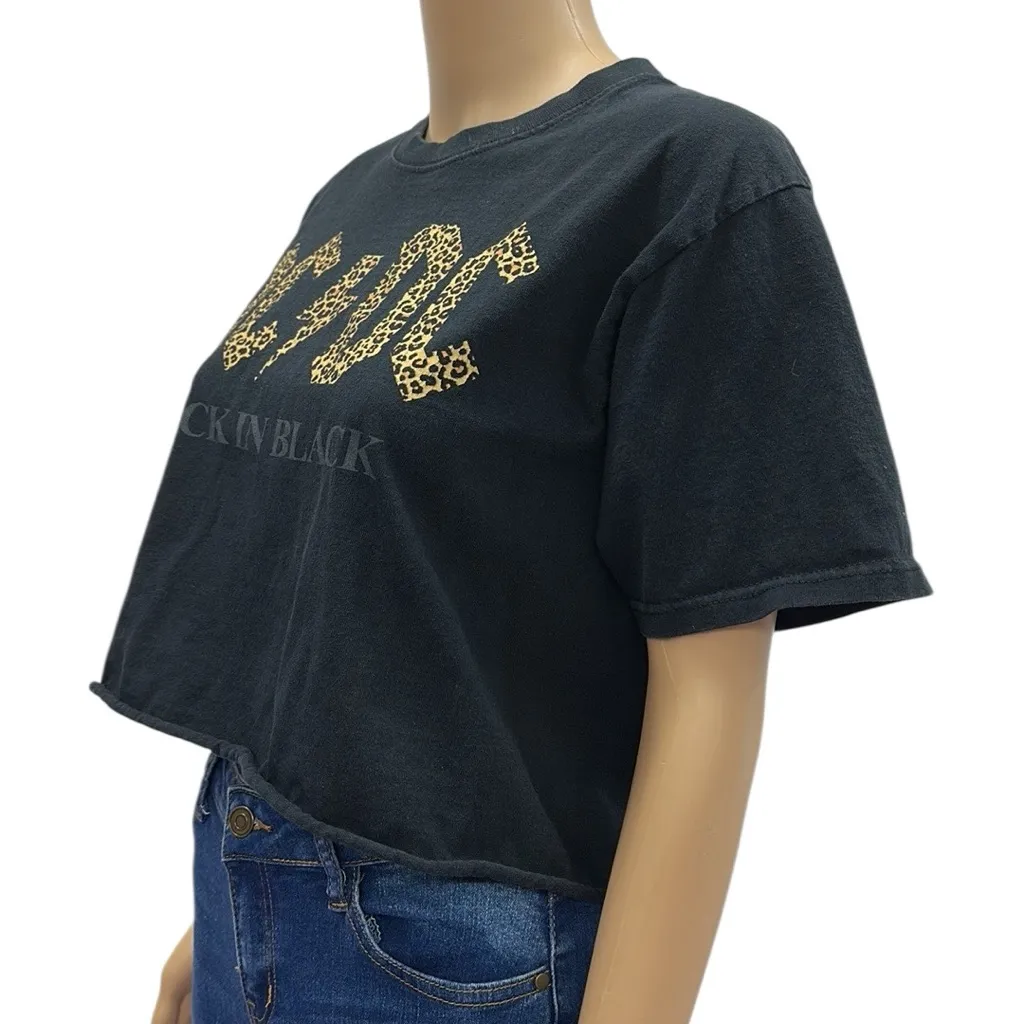 AC/DC Black Cotton Leopard Print Logo Back in Black Raw Hem Crop Graphic Tee M - Image 5