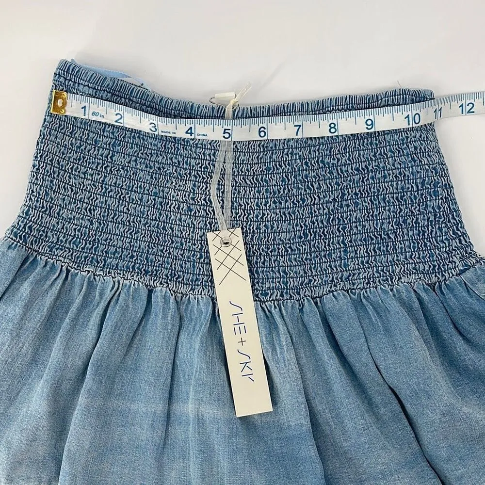 She + Sky Womens Denim Jean Skirt Tiered Chambray Flounce Stretch‎ Blue Small - Image 7