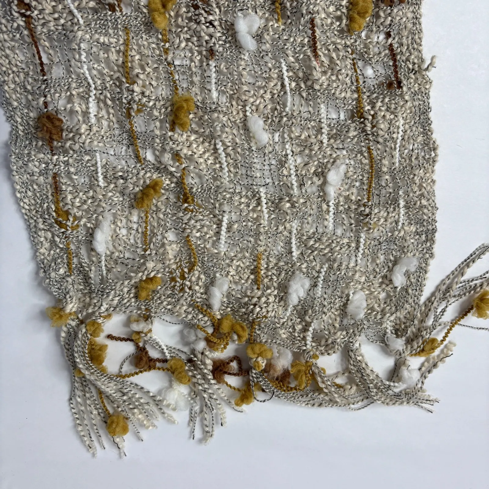 Textured Boho Tan Brown Rectangle Scarf Neutral Earthy Fairy Tassels Poms Y2K - Image 4