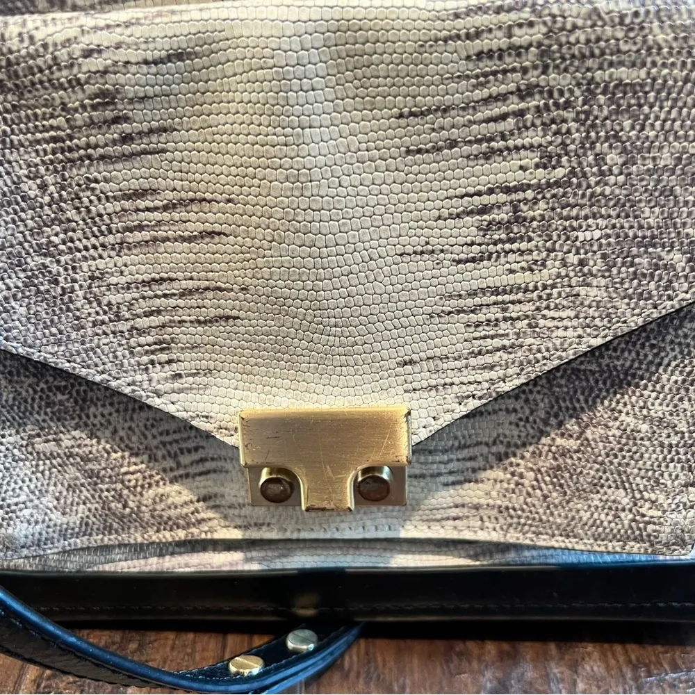 Loeffler Randall Embossed Lizard Leather Drawstring Black Bucket Tote Bag - Image 10