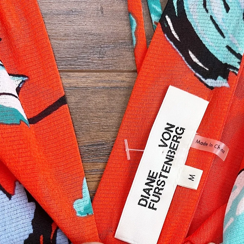 DVF • Flutter Sleeve Cinched Waist Dress mesh midi Asher Vermillion floral print - Image 4