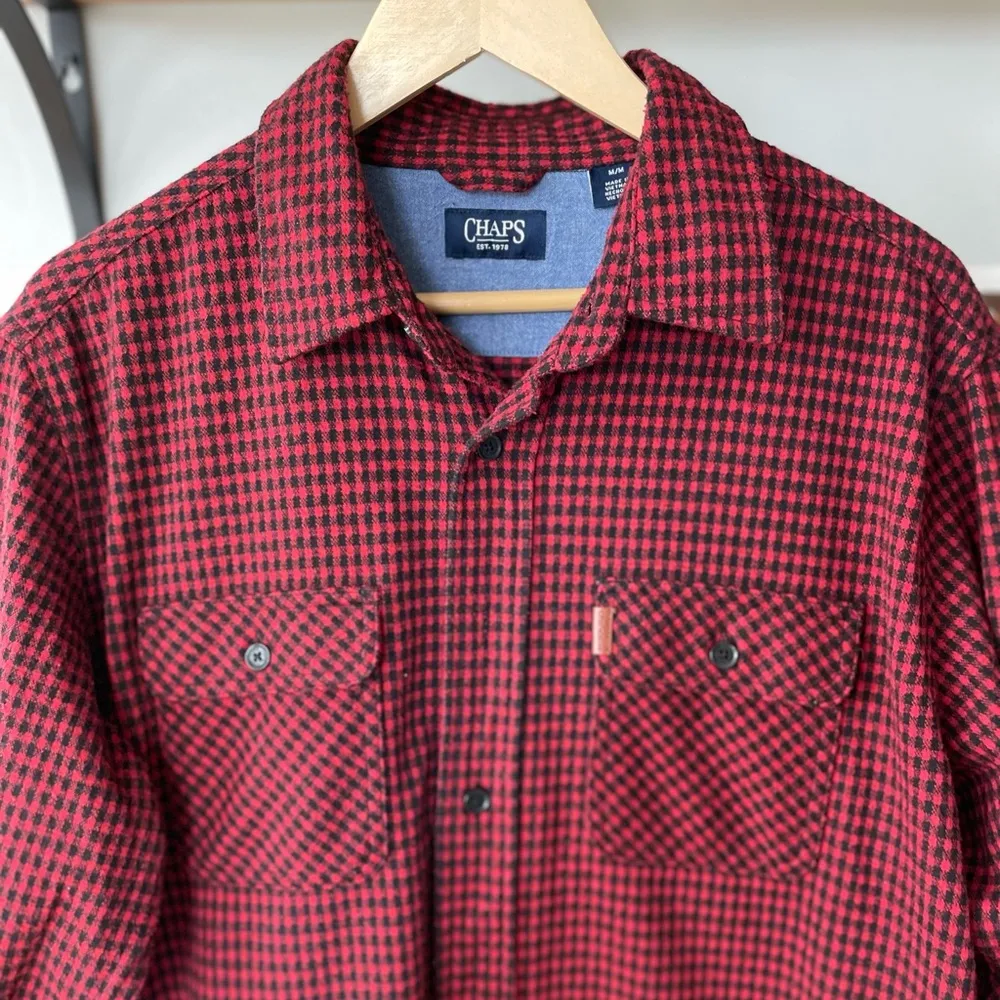 CHAPS Red Black Checkered Plaid Flannel Button Down Shirt Sz Medium Fisherman - Image 5