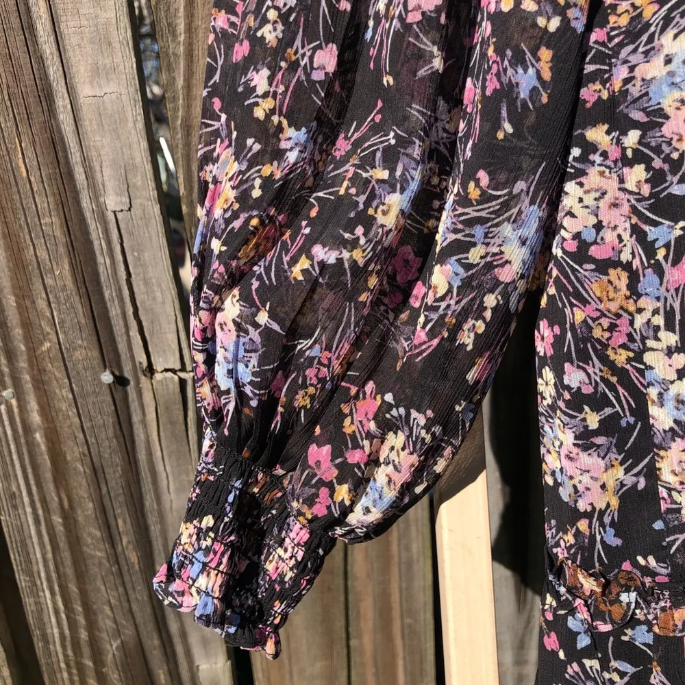 CeCe Black Floral Tiered Chiffon Long Sleeved Dress M - Image 7