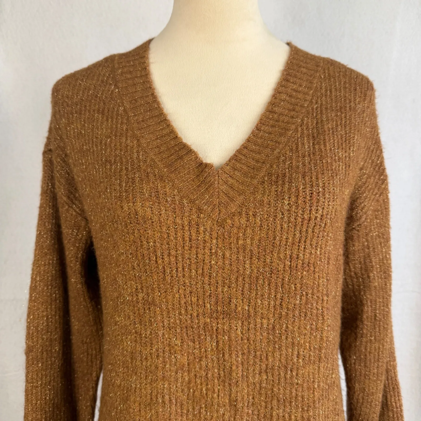 Metallic Sparkle Knit V Neck Long Sleeve Sweater Brown Womens Small Minimalist - Image 2