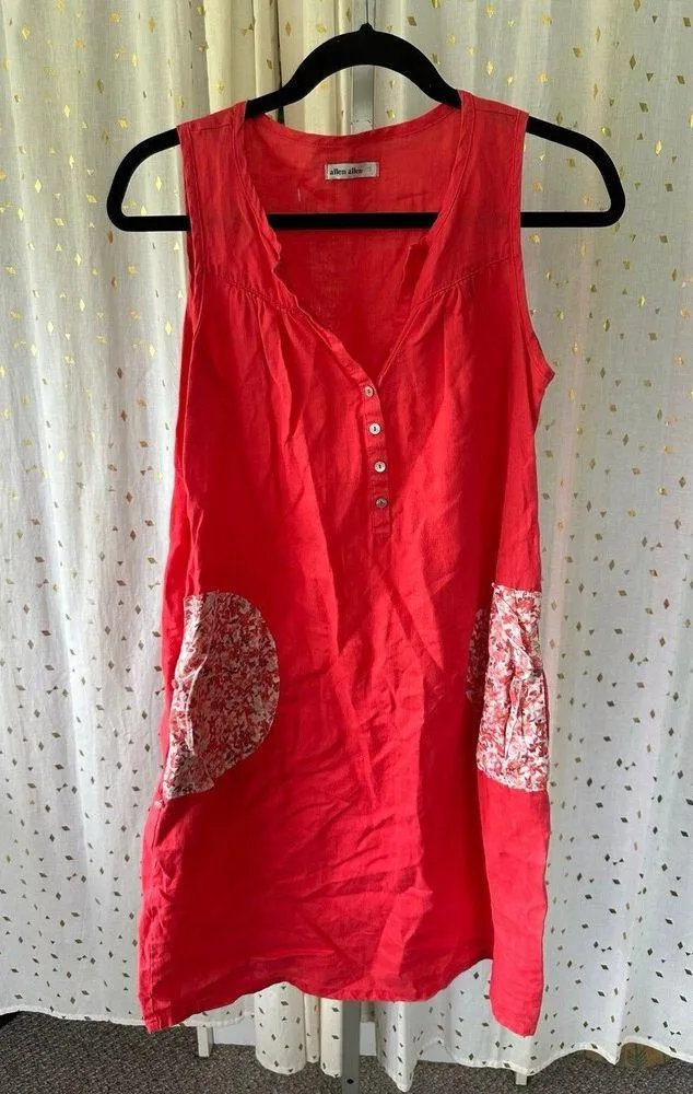 Allen Allen NWOT 100% Linen Fold Mix Floral Solid Print Midi Dress Pockets S - Image 2