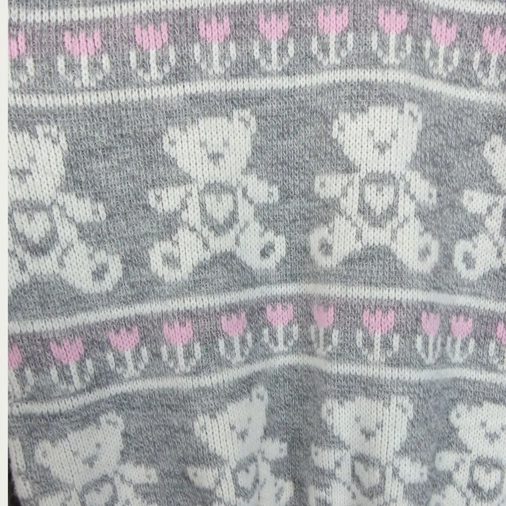 VTG 80s Adele Sweater Womens L Gray Pink Teddy Bears Floral Kidcore Kawaii USA Size L - Image 6