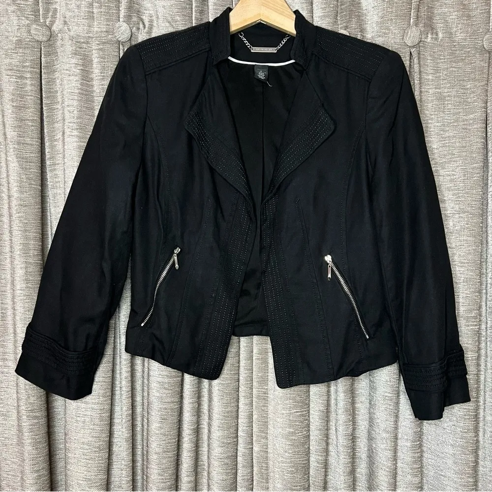 White House Black Market Black Linen Blend Cropped Sleeve Open Blazer Size 8 - Image 5