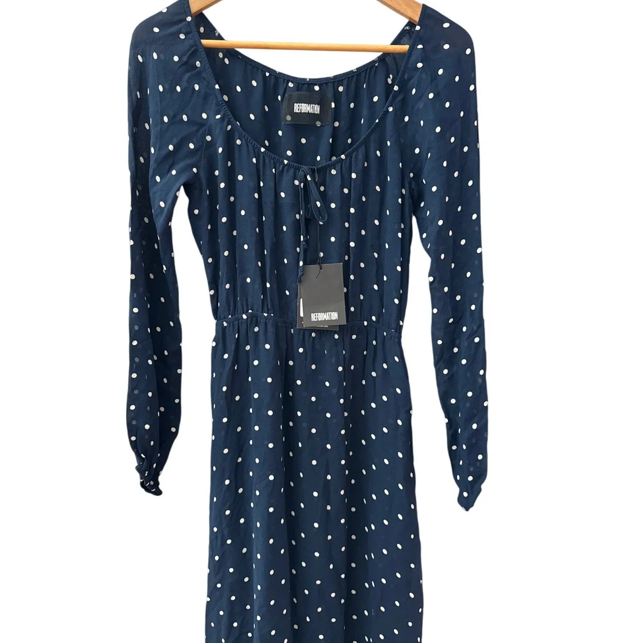Reformation Augusta Dress Long Sleeve Side Slit in Punto Navy Polka Dot‎ Size XS Blue - Image 8