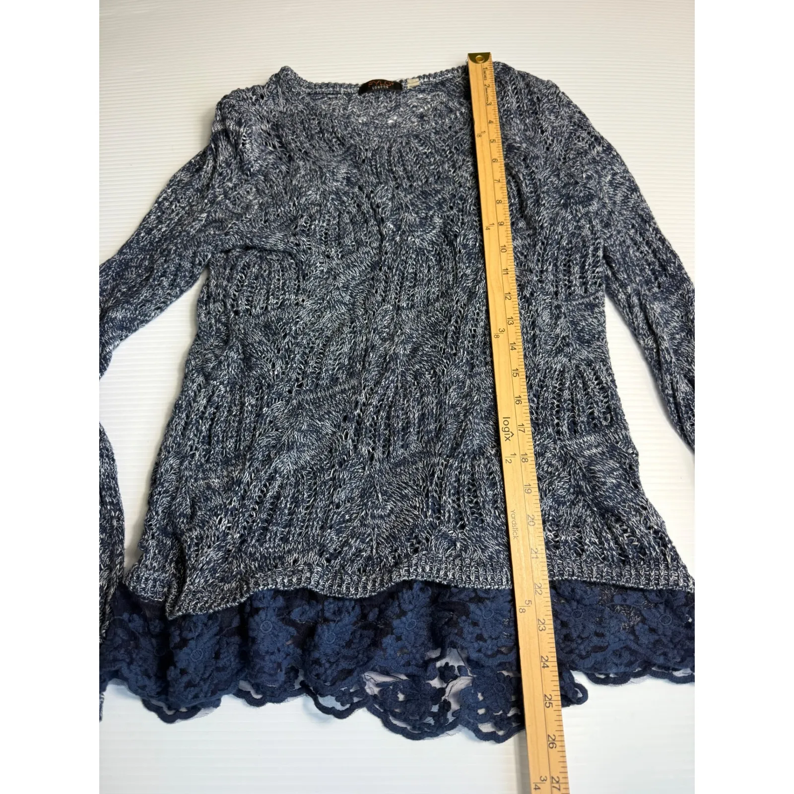 FYLO London Blue Knit Sweater with Lace‎ Trim Long Sleeve Pullover Top - Image 3
