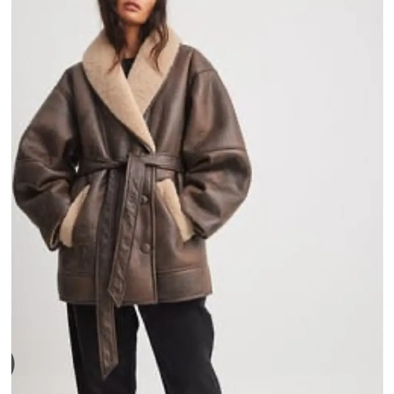 NA-KD Shearling Jacket Belted Hanna Schonberg Edit Size EU36 Brown - Image 6