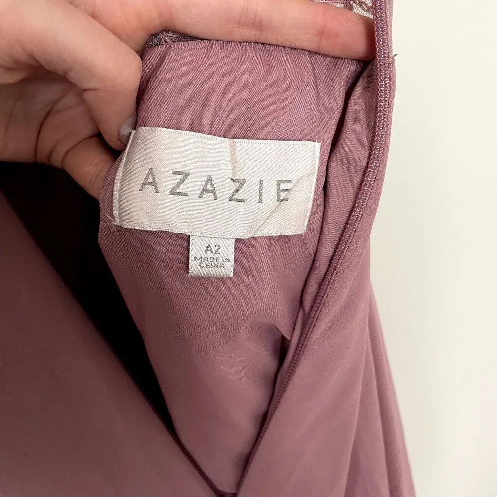 Azazie pink long formal dress lace prom bridesmaid size elegant v-neck A2 - Image 6